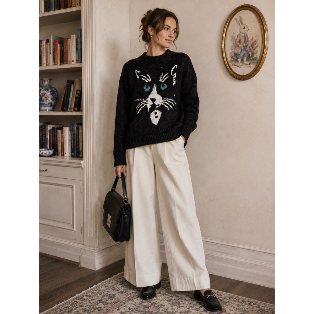 Bar III Tuxedo Cat Sweater‎ Womens L Black Whimsical Animal Graphics Cozy Chic